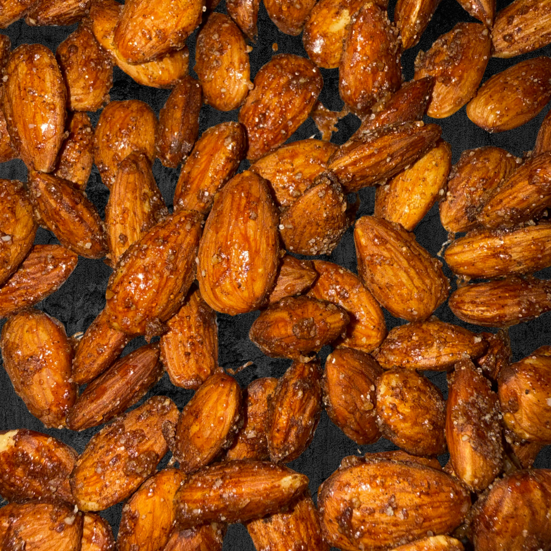 Close-up of glazed roasted almonds