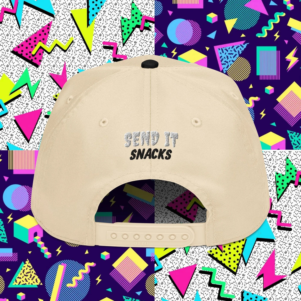 Send It Snacks 5-panel cap, black and natural, back view