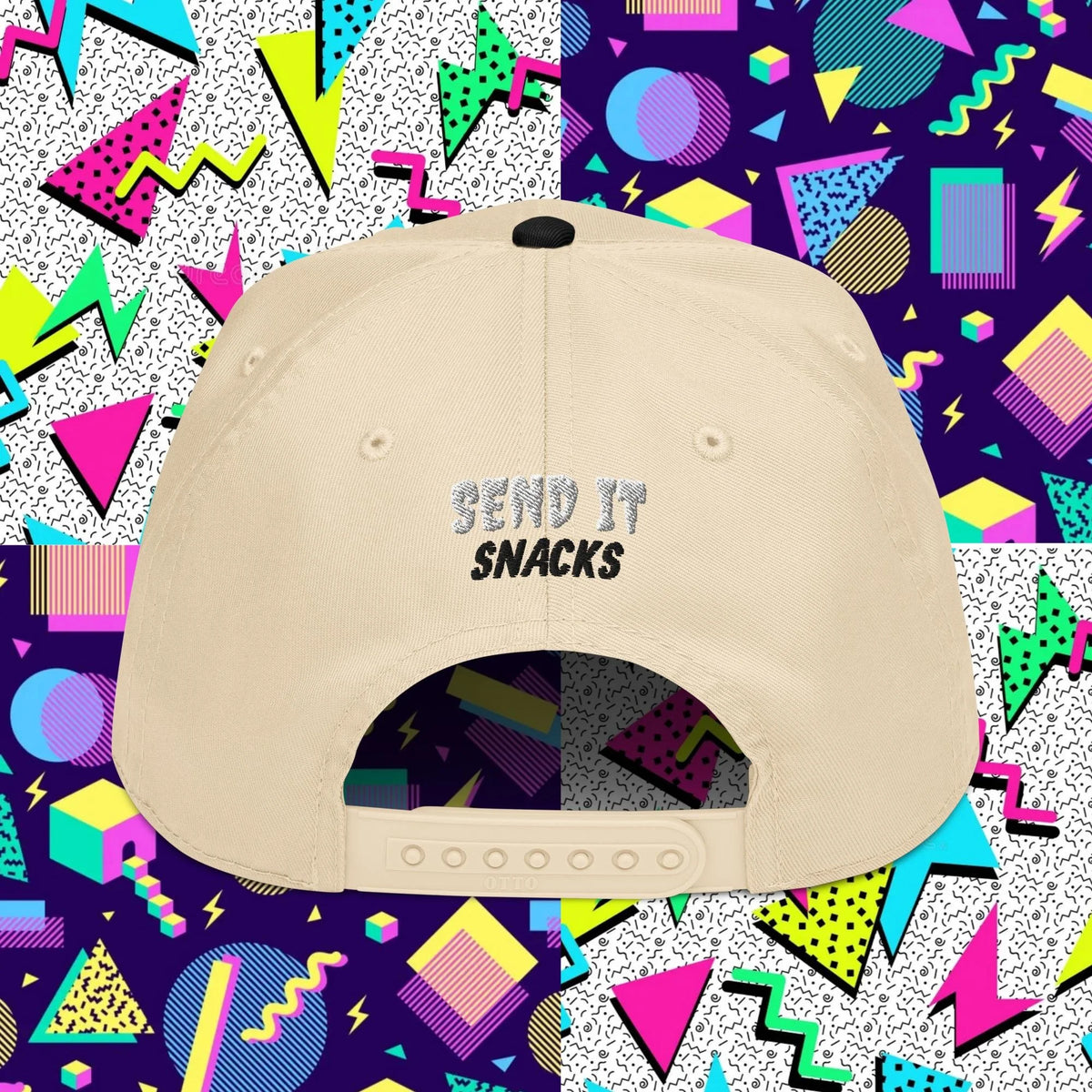 Send It Snacks 5-panel cap, black and natural, back view