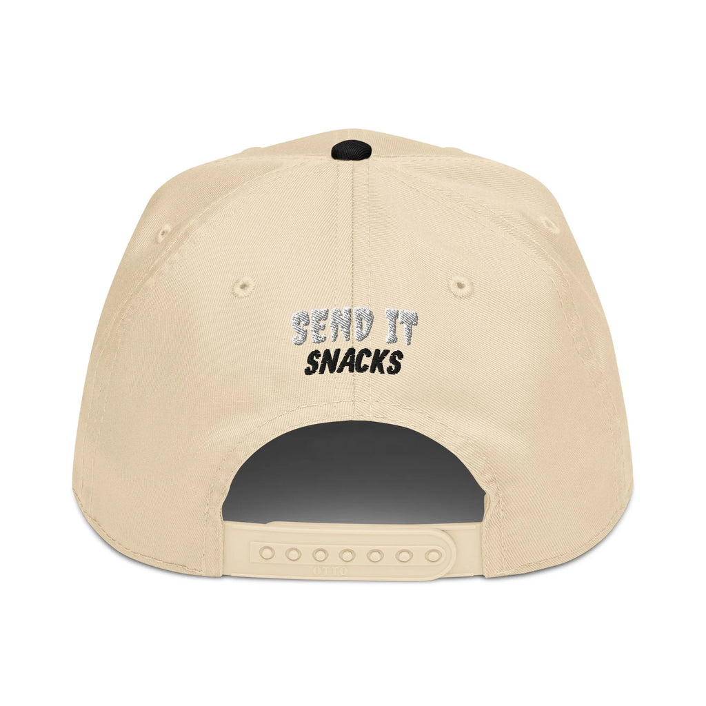 Send It Snacks 5-panel cap, black and natural, back view