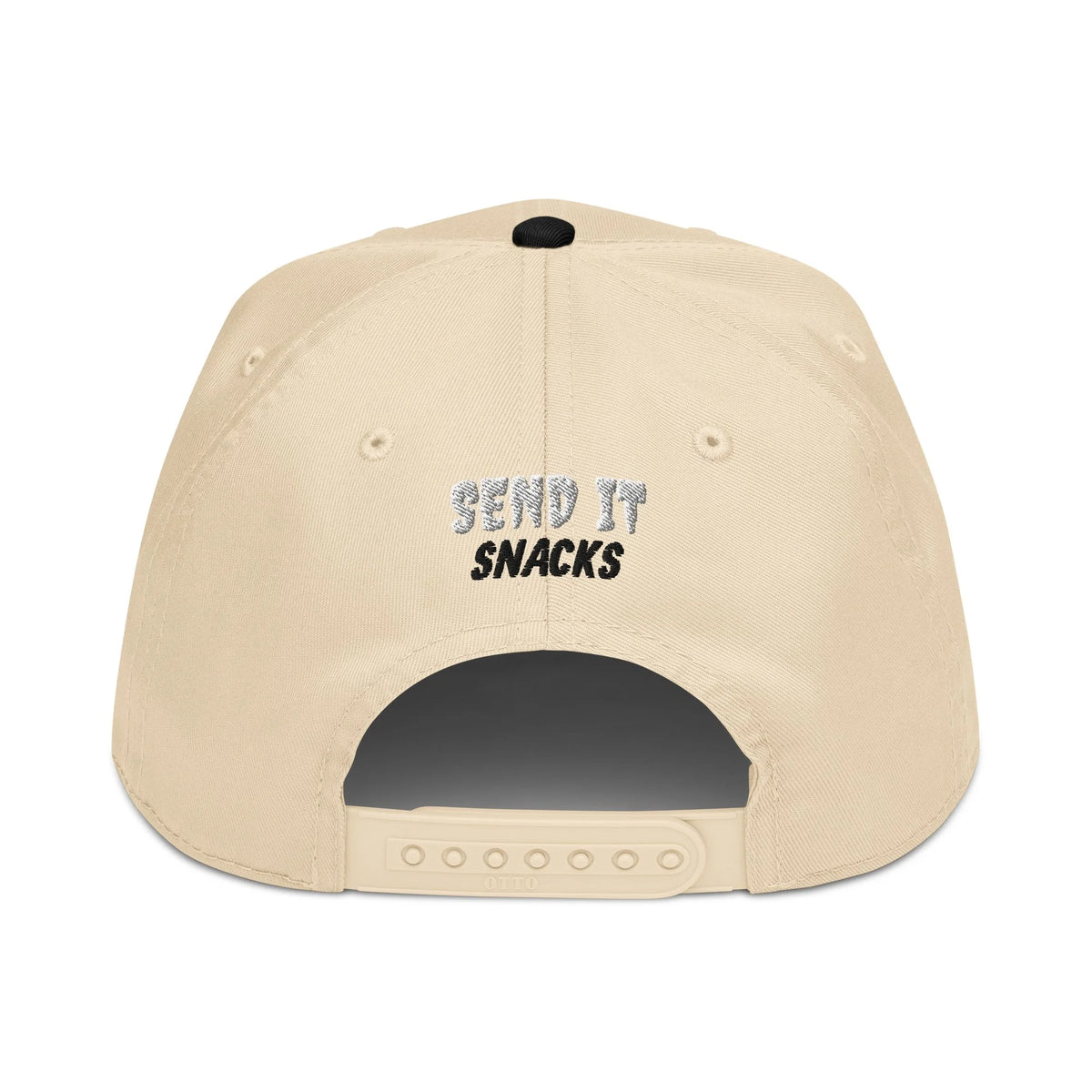 Send It Snacks 5-panel cap, black and natural, back view
