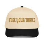 Send It Snacks 5-panel cap, black and natural, front view