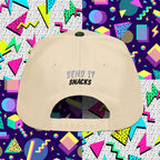 Send It Snacks 5-panel cap, dark green and natural, back view