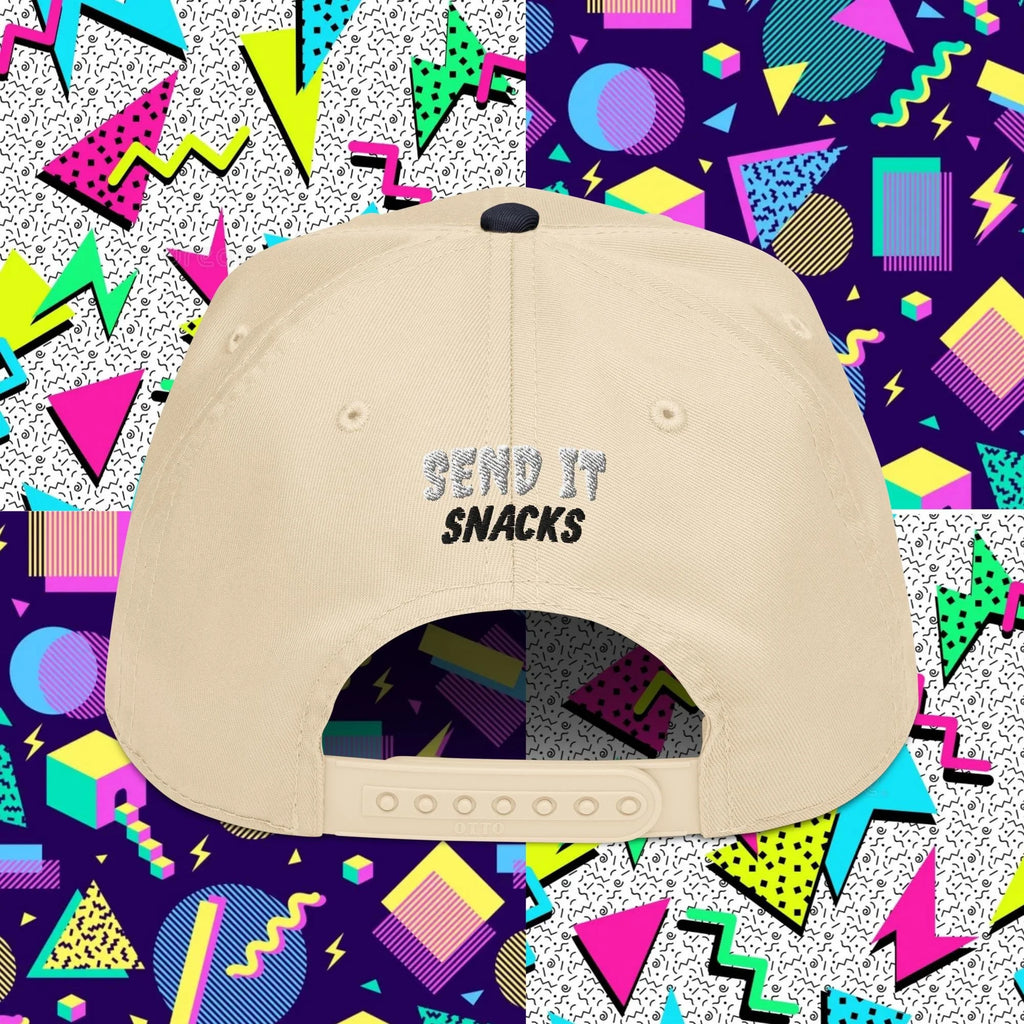 Send It Snacks 5-panel cap, navy and natural, back view