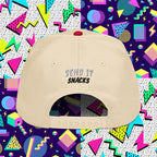 Send It Snacks 5-panel cap, red and natural, back view