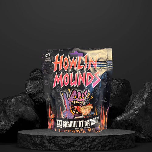 Barkin' at Da Moon spicy garlic roasted almonds, Howlin' Mounds bag, front