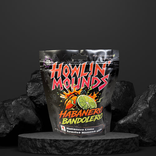 Habanero Bandolero habanero lime roasted almond stix, Howlin' Mounds bag, front