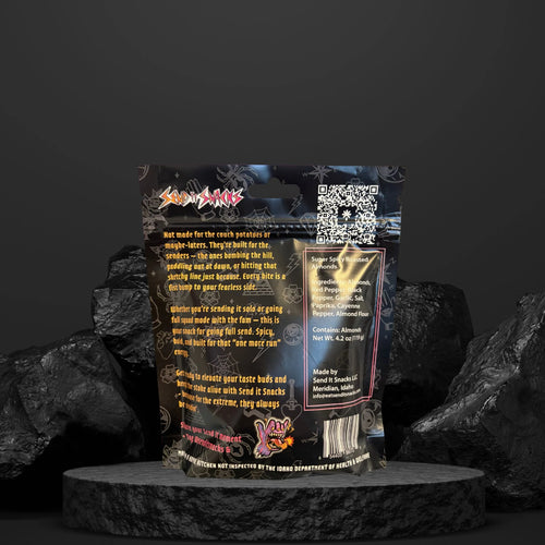 Barkin' at Da Moon roasted almonds bag, back with ingredients and nutrition label