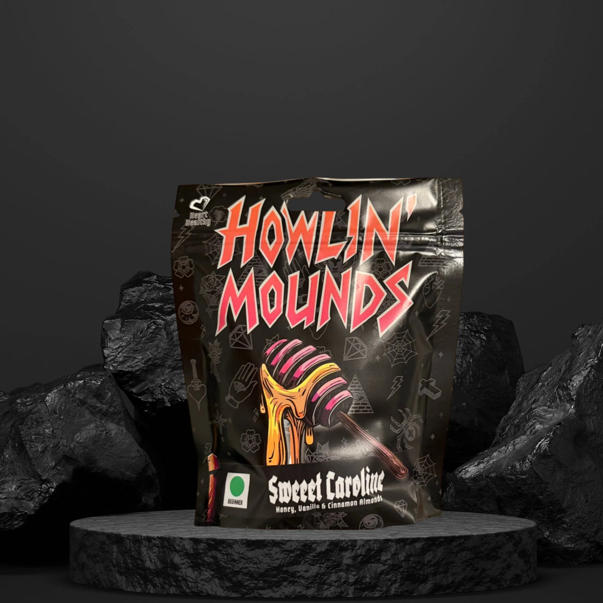 Sweeet Caroline honey cinnamon roasted almonds, Howlin' Mounds bag, front