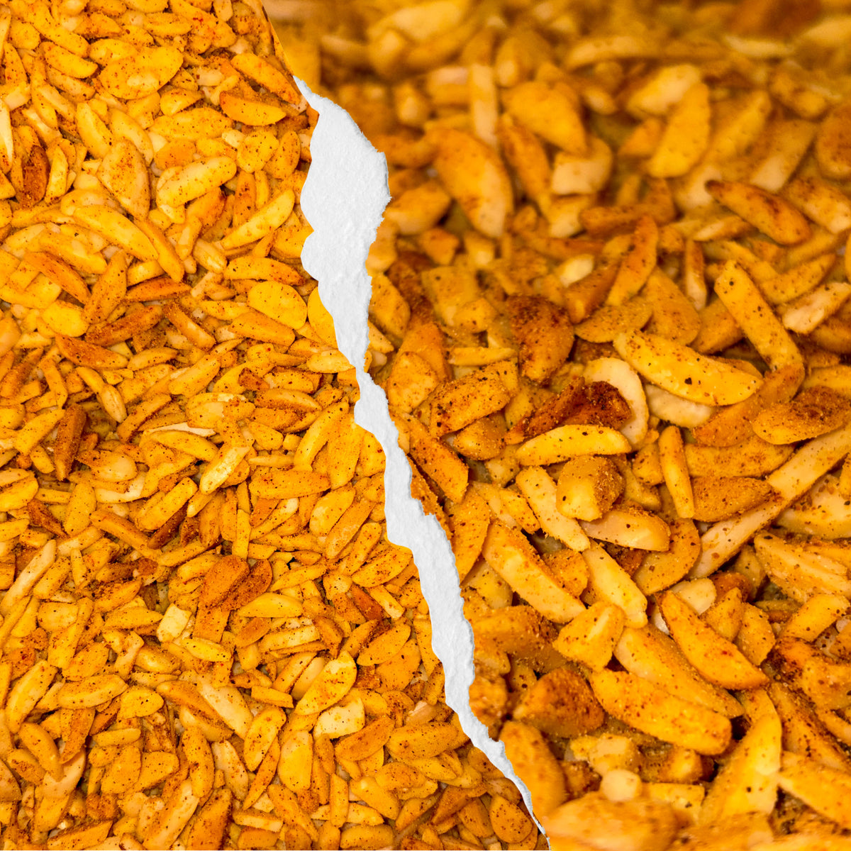 Pile of spicy slivered almond stix, small-batch roasted in Idaho