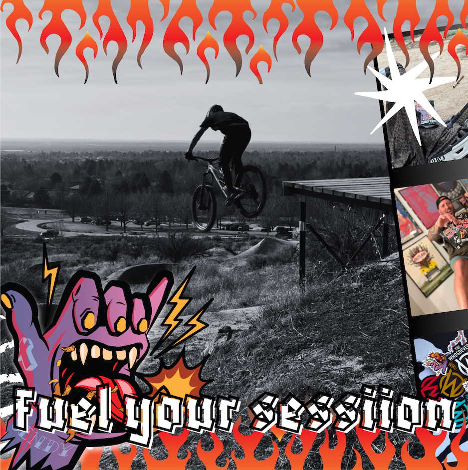 Mountain biker catching air above the Boise foothills with the Send It Snacks mascot and "Fuel your session"