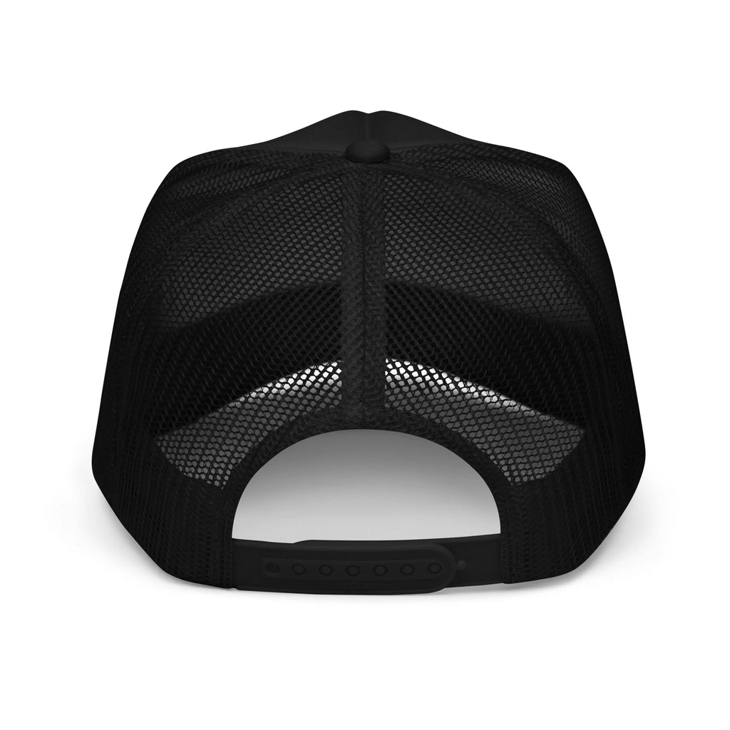 Send It Snacks foam trucker hat, black, back view