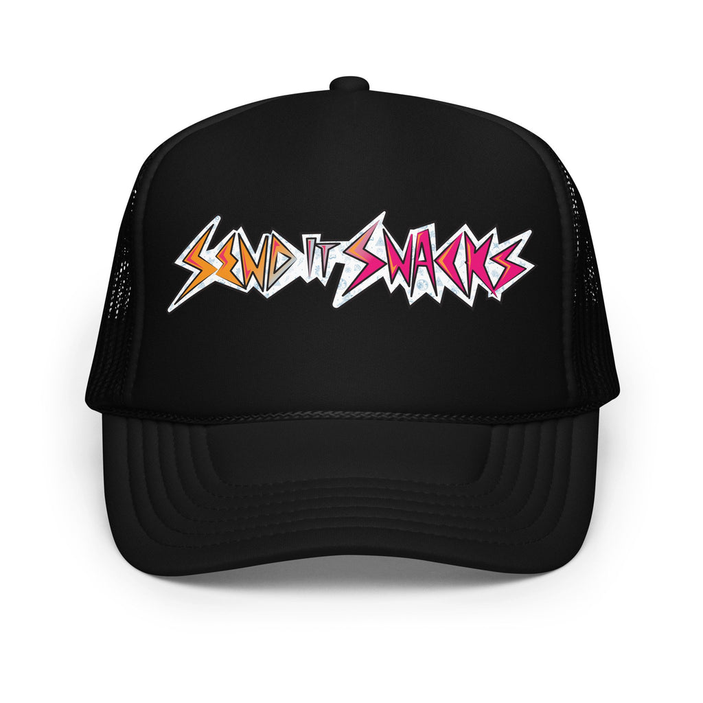 Send It Snacks foam trucker hat, black, front view
