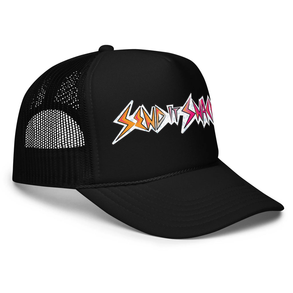 Send It Snacks foam trucker hat, black, right front view
