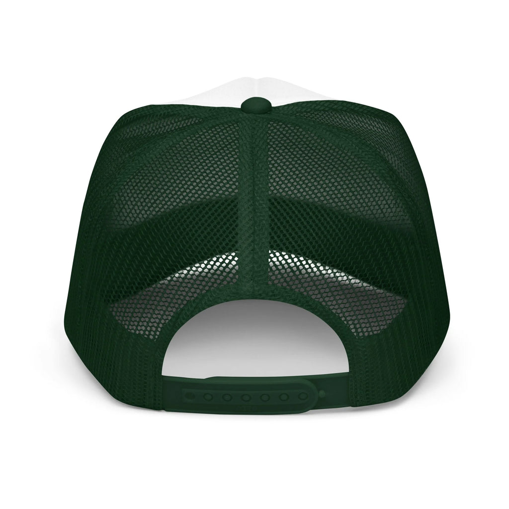 Send It Snacks foam trucker hat, dark green and white, back view