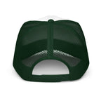 Send It Snacks foam trucker hat, dark green and white, back view