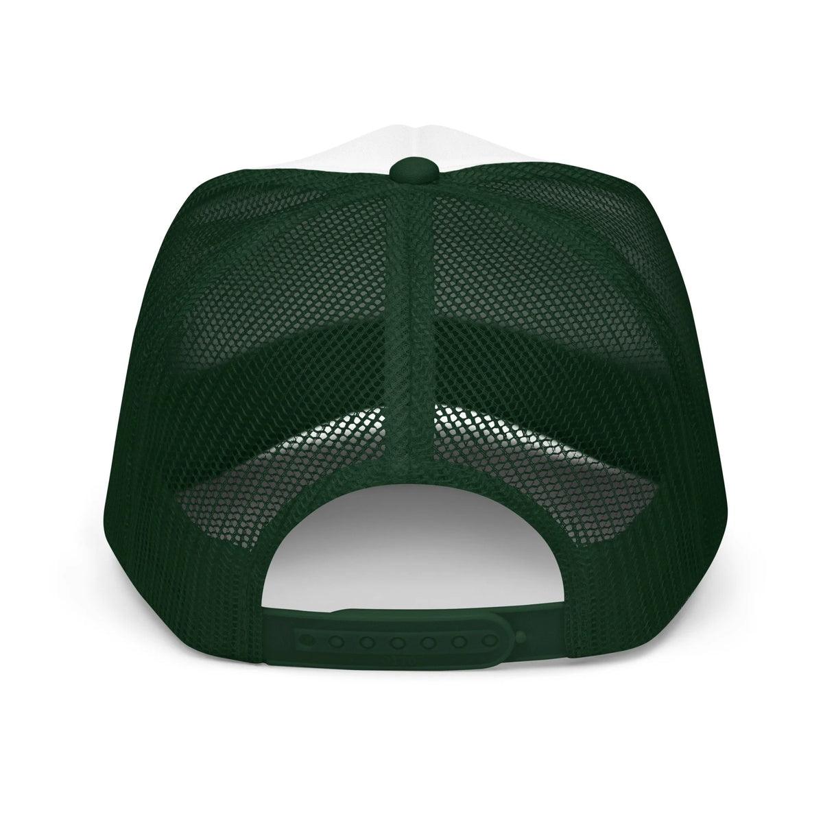 Send It Snacks foam trucker hat, dark green and white, back view