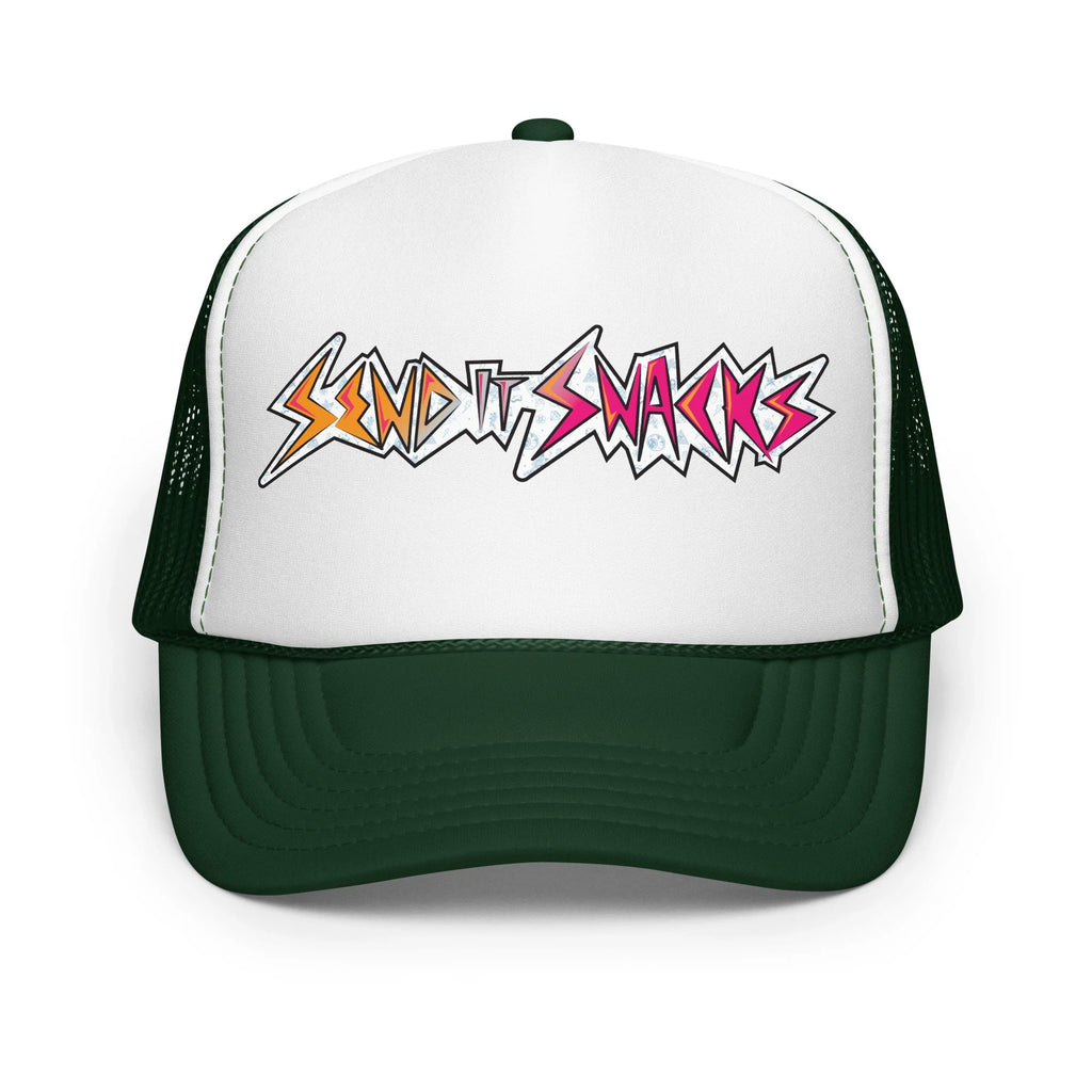 Send It Snacks foam trucker hat, dark green and white, front view