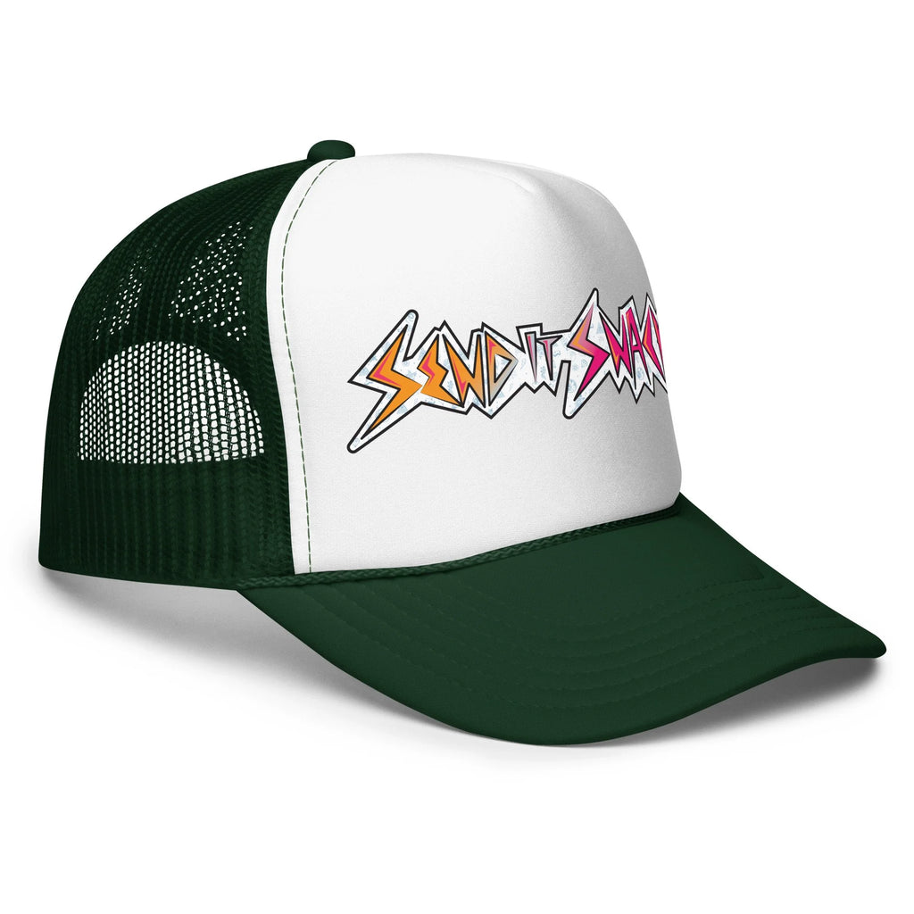 Send It Snacks foam trucker hat, dark green and white, right front view