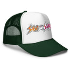 Send It Snacks foam trucker hat, dark green and white, right front view