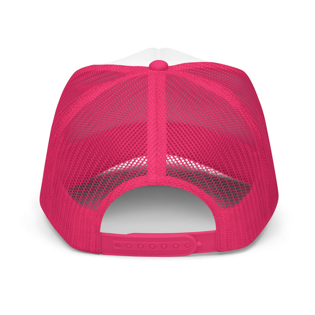 Send It Snacks foam trucker hat, hot pink and white, back view