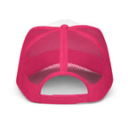 Send It Snacks foam trucker hat, hot pink and white, back view