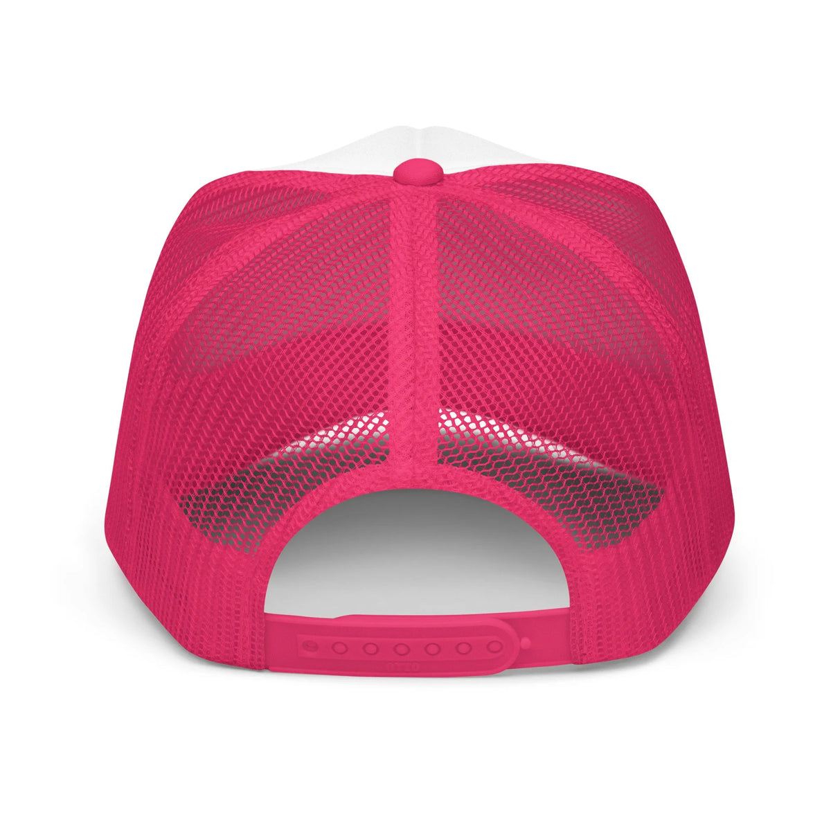 Send It Snacks foam trucker hat, hot pink and white, back view