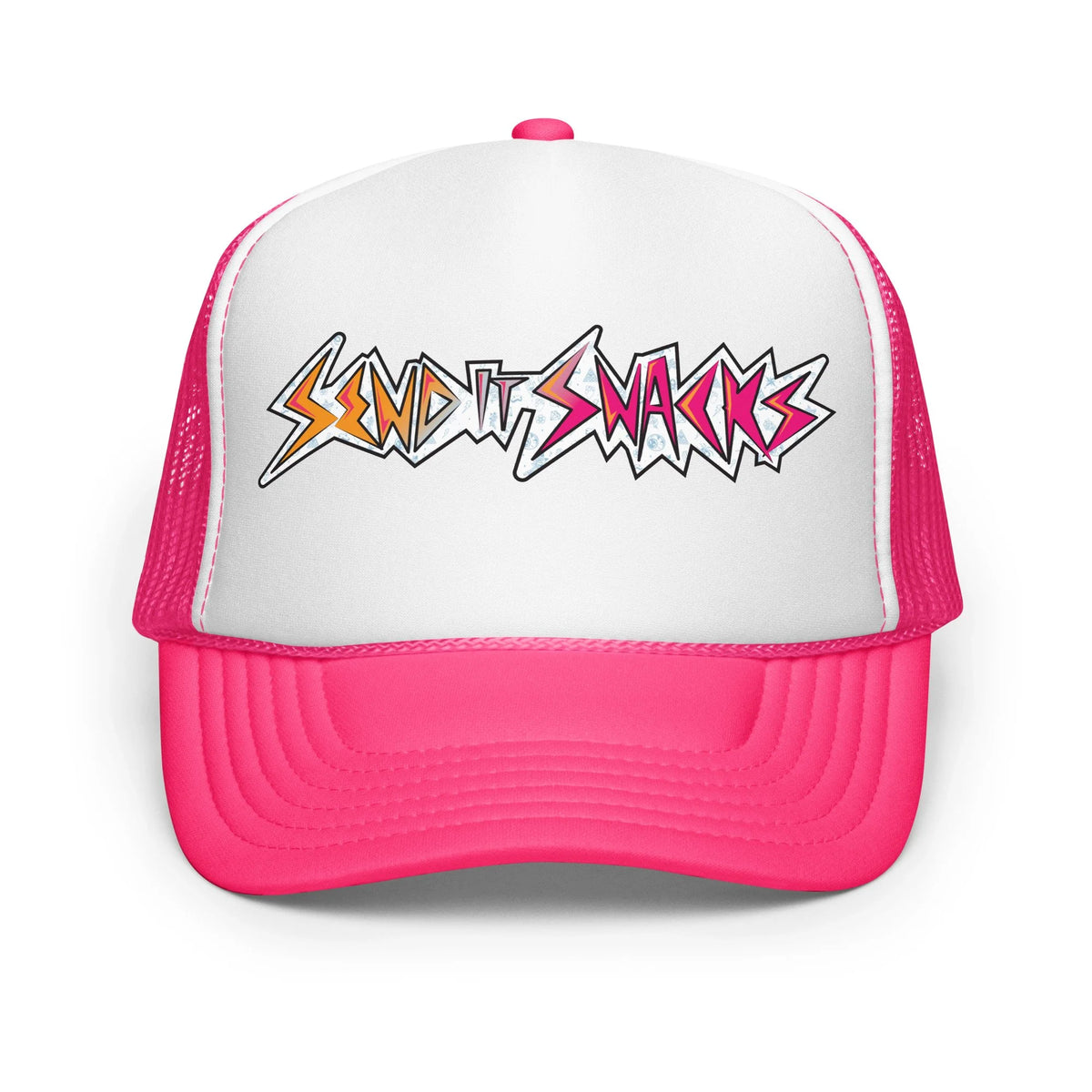 Send It Snacks foam trucker hat, hot pink and white, front view
