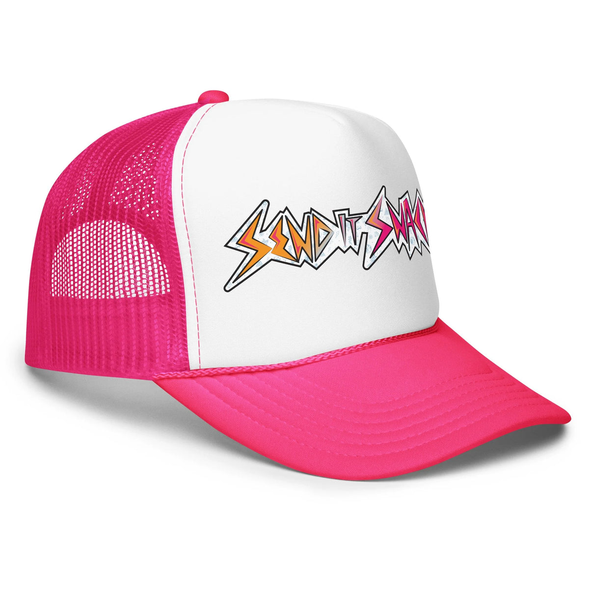 Send It Snacks foam trucker hat, hot pink and white, right front view