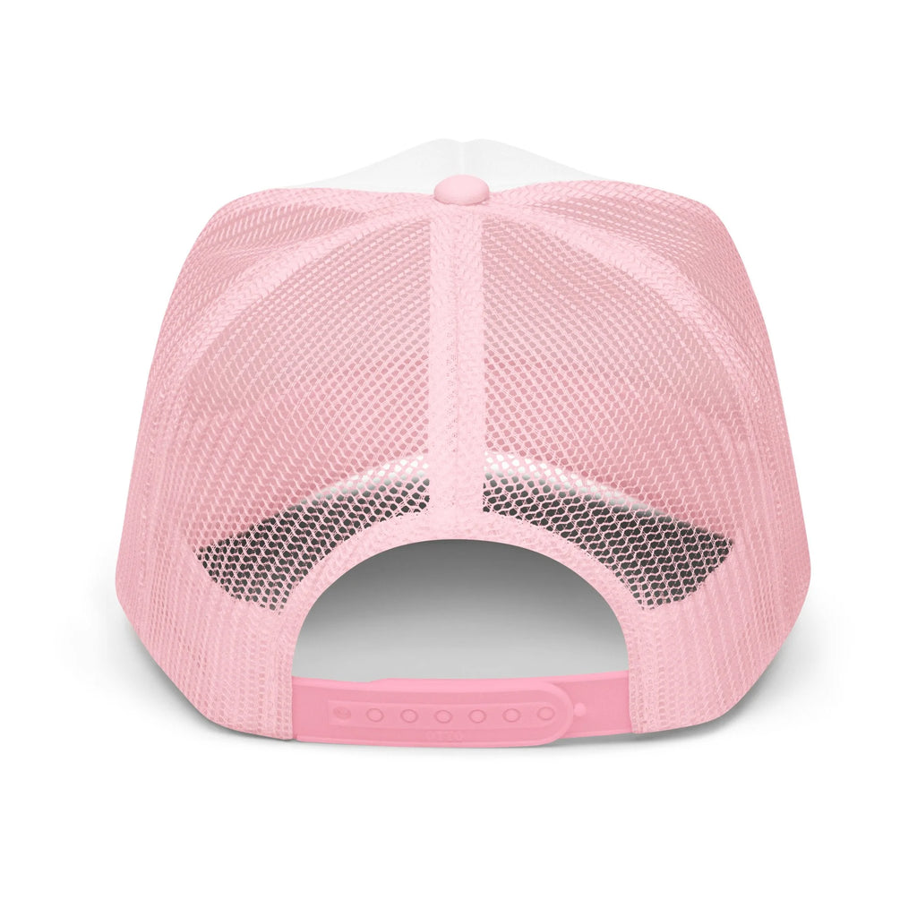 Send It Snacks foam trucker hat, light pink and white, back view