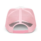 Send It Snacks foam trucker hat, light pink and white, back view
