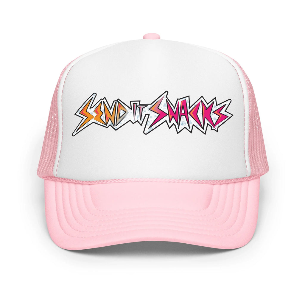 Send It Snacks foam trucker hat, light pink and white, front view