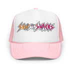 Send It Snacks foam trucker hat, light pink and white, front view