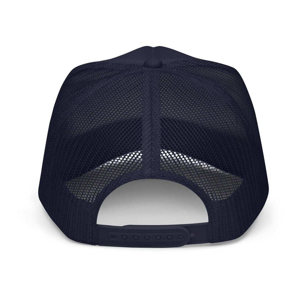 Send It Snacks foam trucker hat, navy, back view