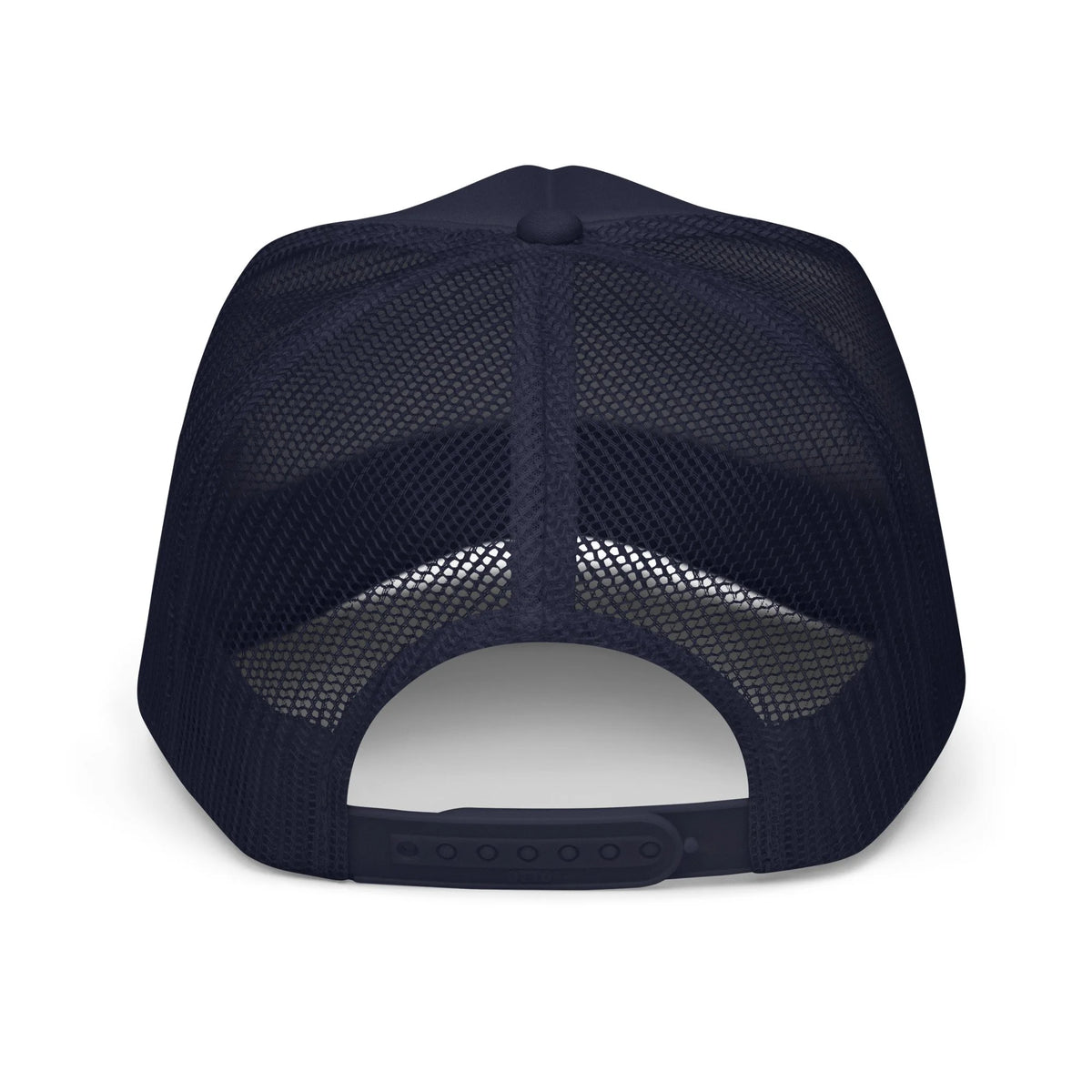 Send It Snacks foam trucker hat, navy, back view