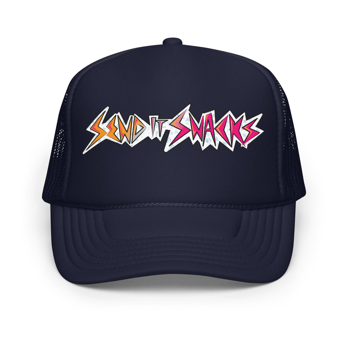 Send It Snacks foam trucker hat, navy, front view
