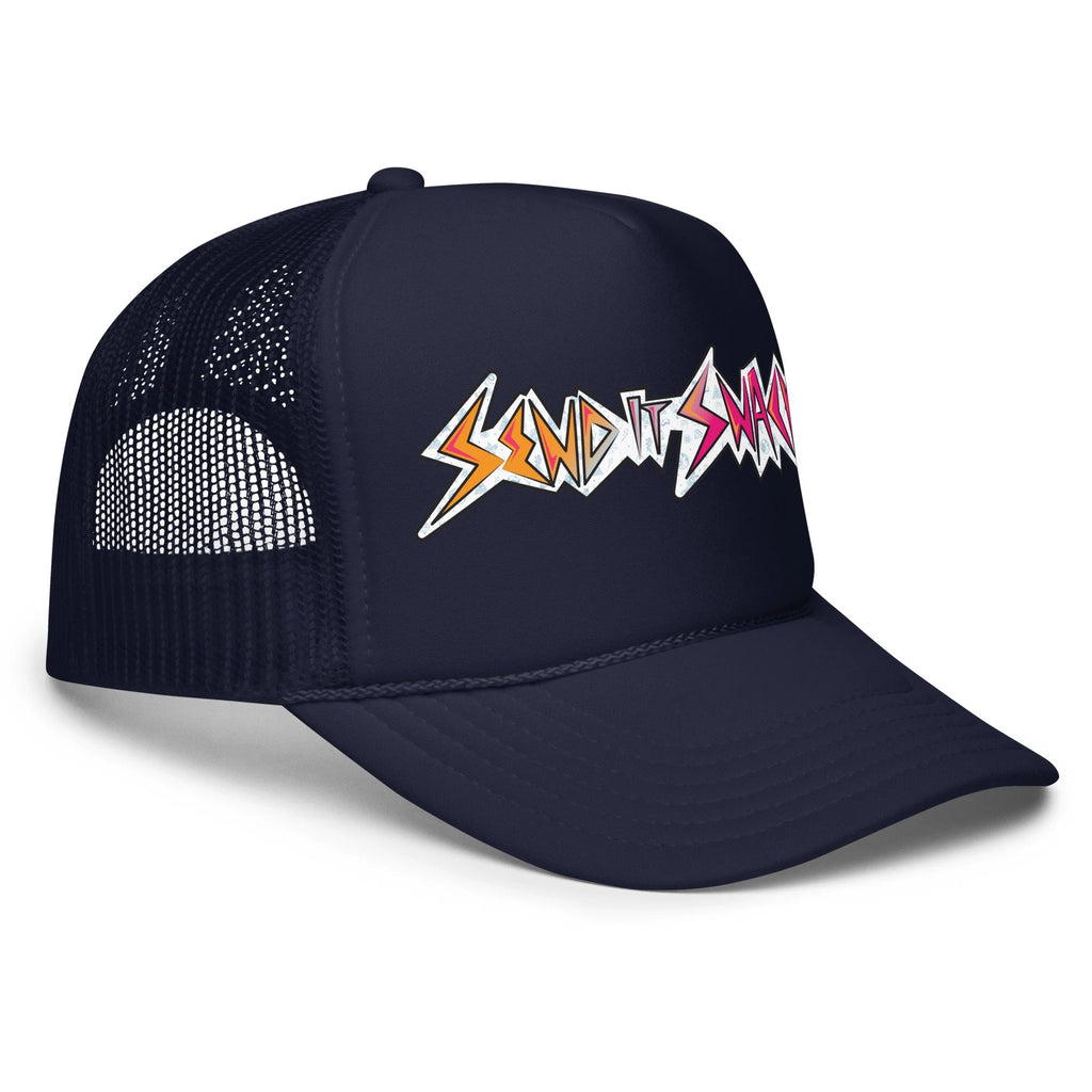 Send It Snacks foam trucker hat, navy, right front view