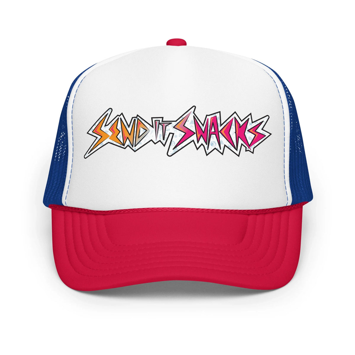 Send It Snacks foam trucker hat, red, white and royal, front view