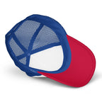 Send It Snacks foam trucker hat, red, white and royal, detail