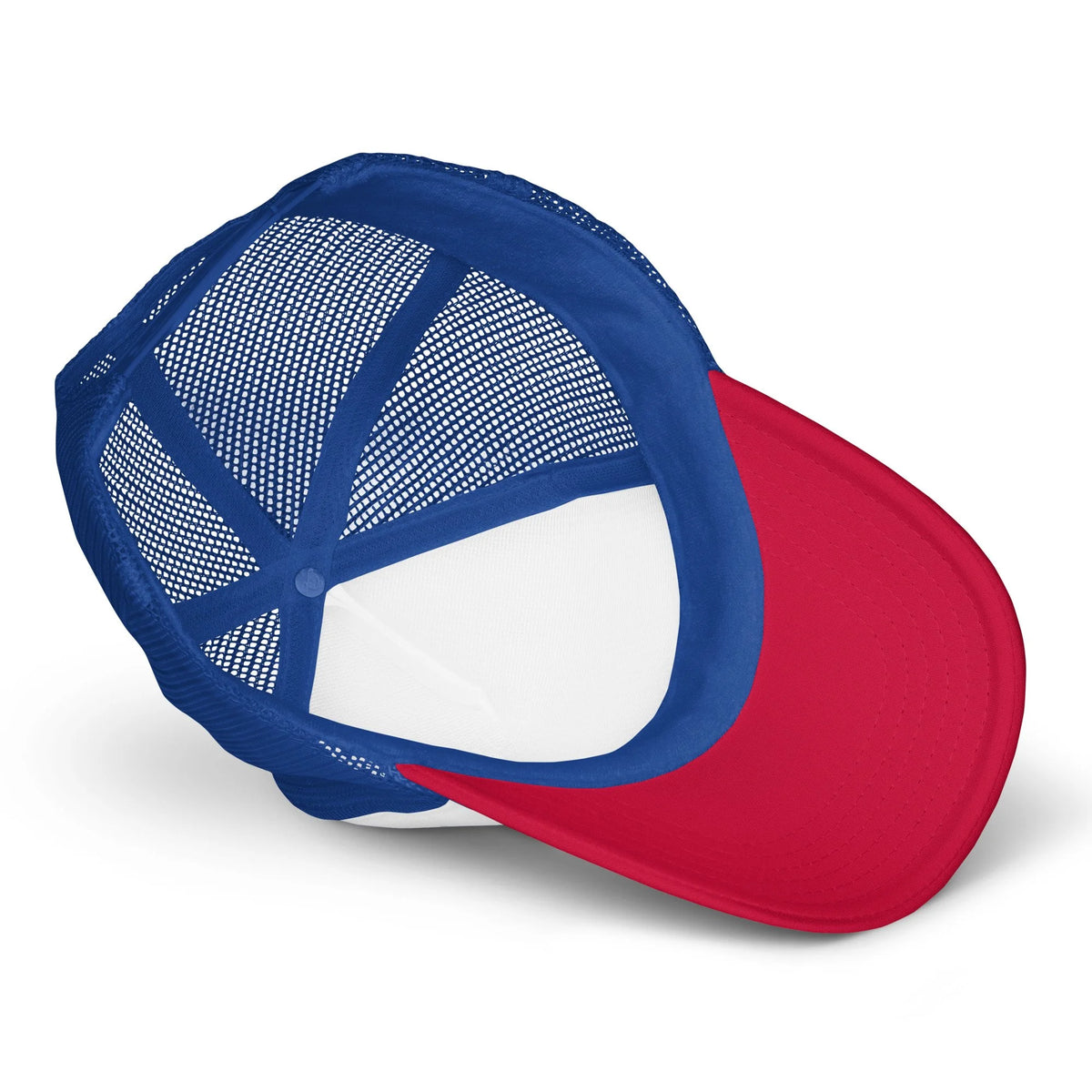 Send It Snacks foam trucker hat, red, white and royal, detail