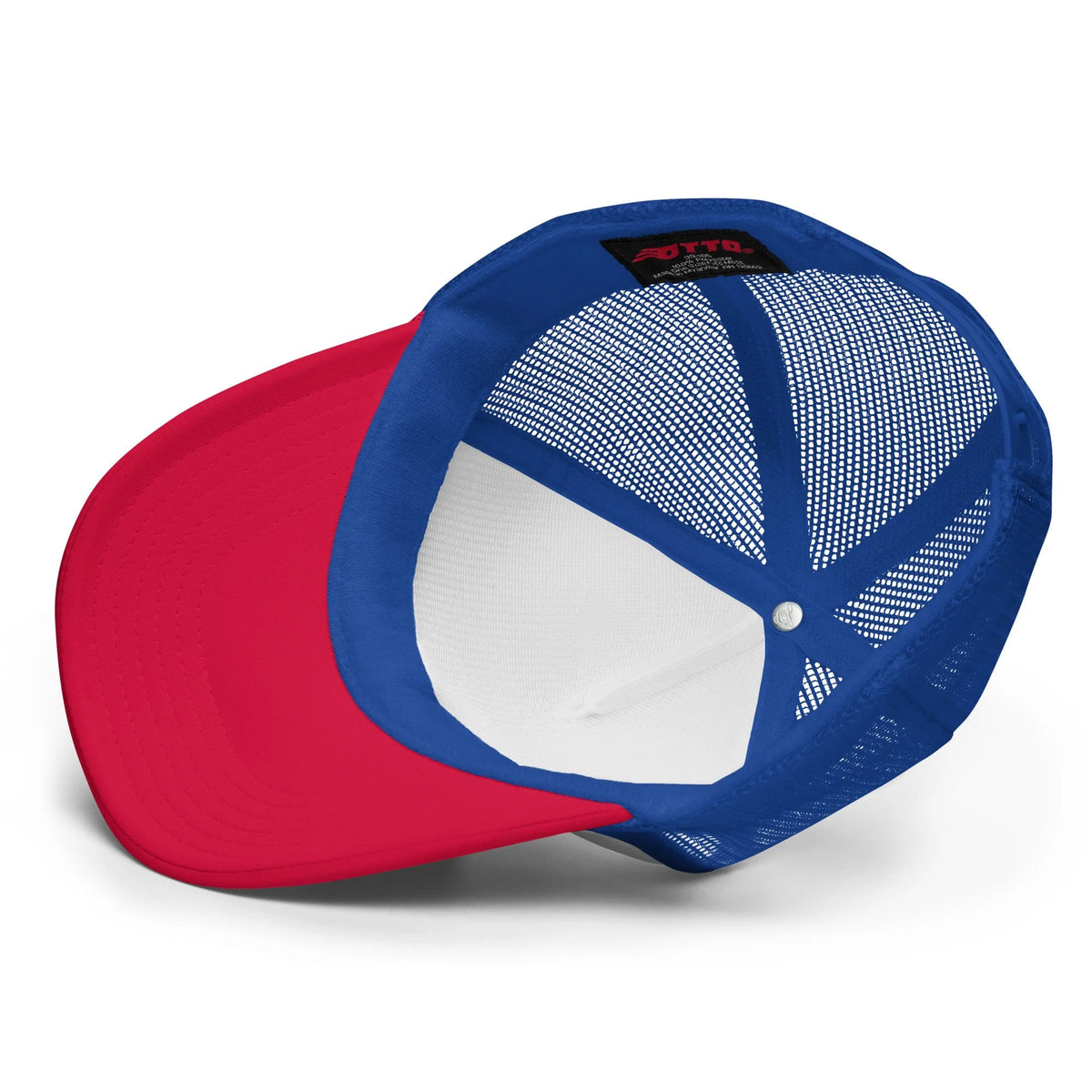 Send It Snacks foam trucker hat, red, white and royal, detail