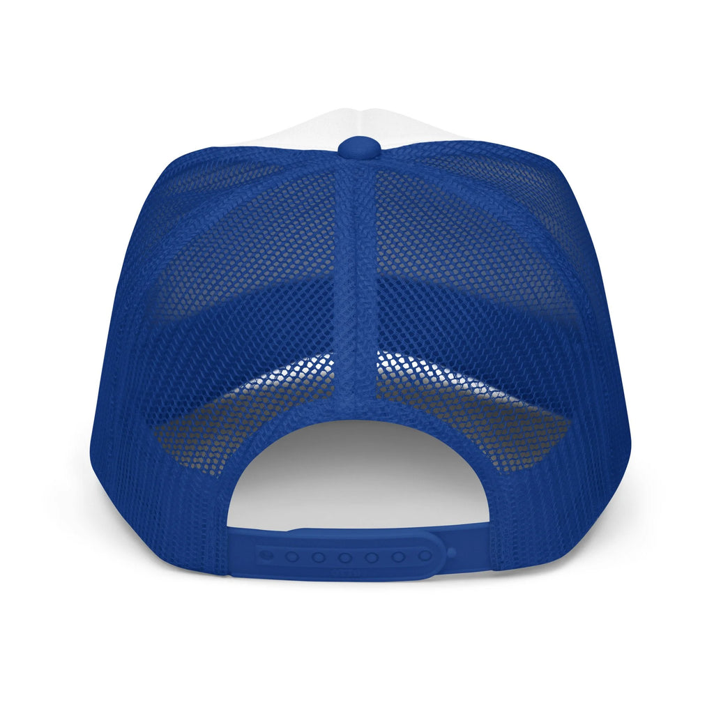 Send It Snacks foam trucker hat, royal and white, back view