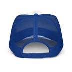 Send It Snacks foam trucker hat, royal and white, back view