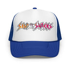 Send It Snacks foam trucker hat, royal and white, front view