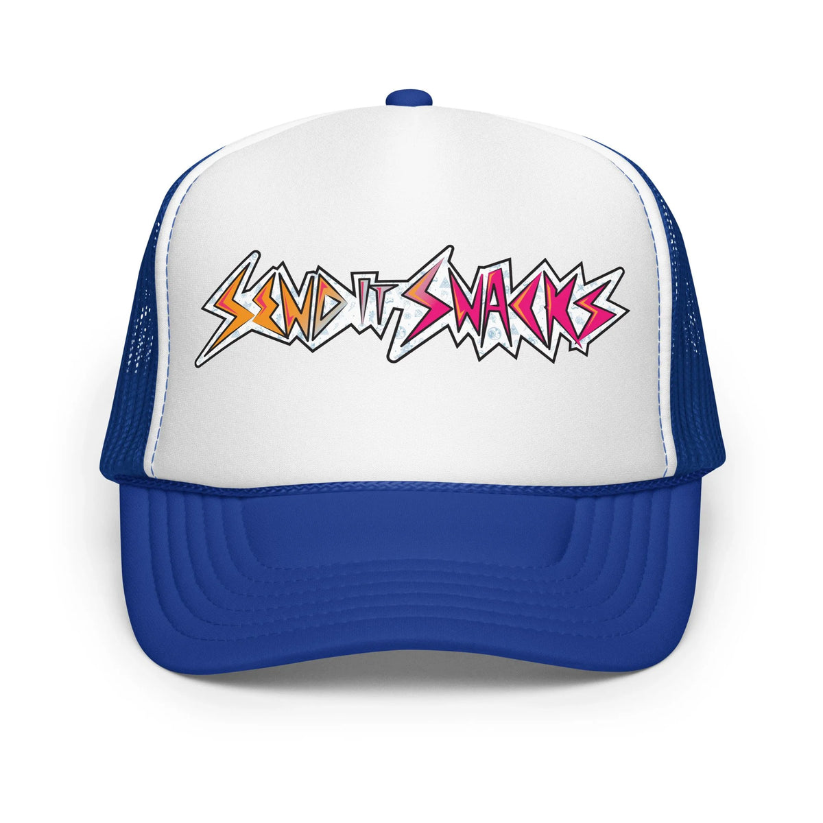 Send It Snacks foam trucker hat, royal and white, front view