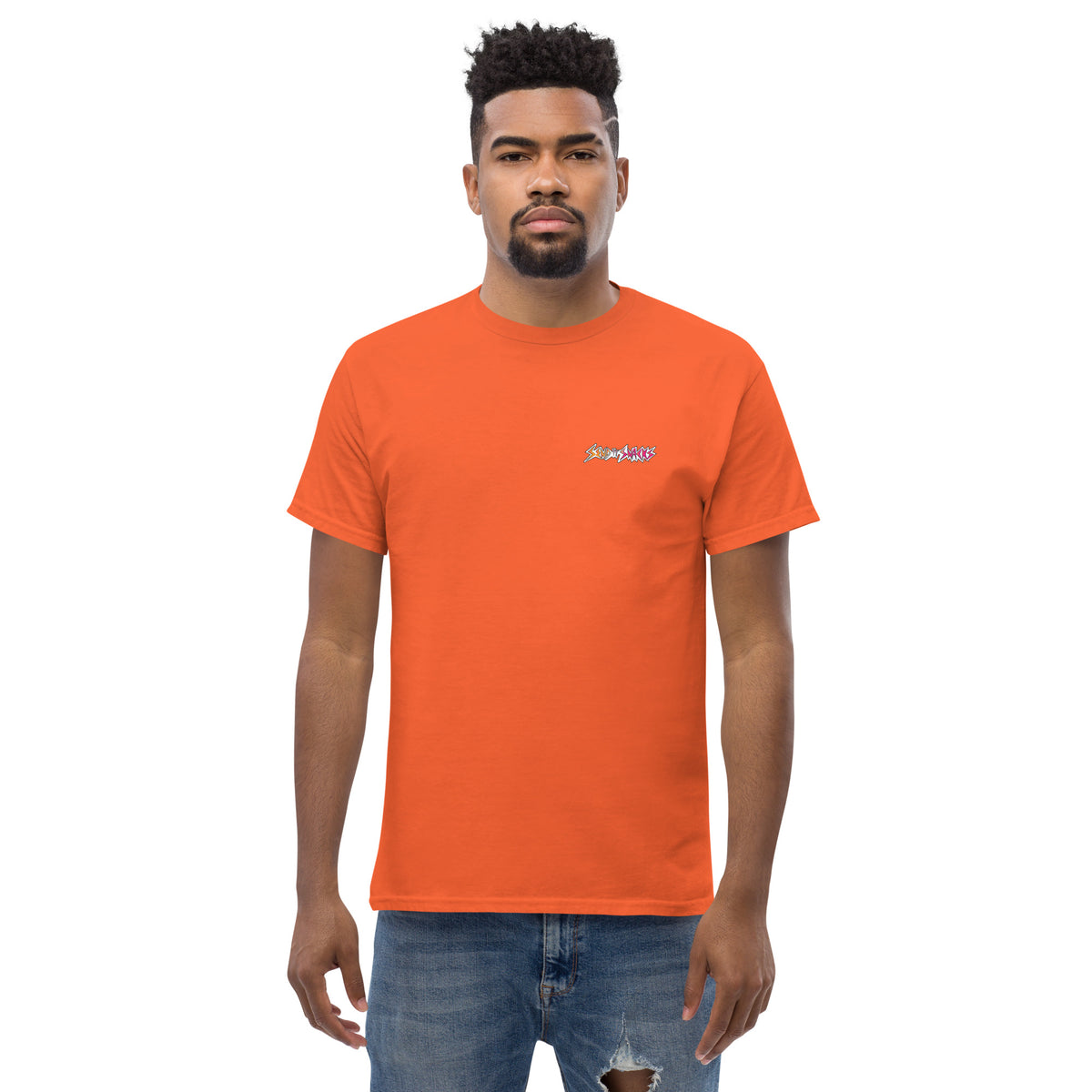 Send It Snacks logo unisex tee, orange, front view