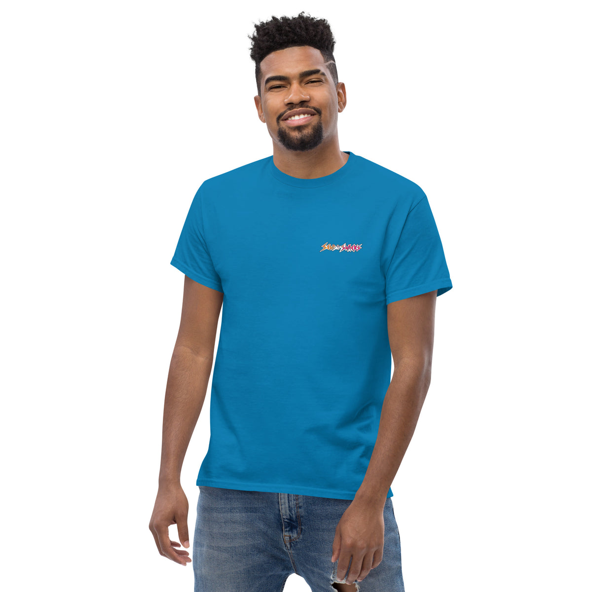 Send It Snacks logo unisex tee, sapphire, front view
