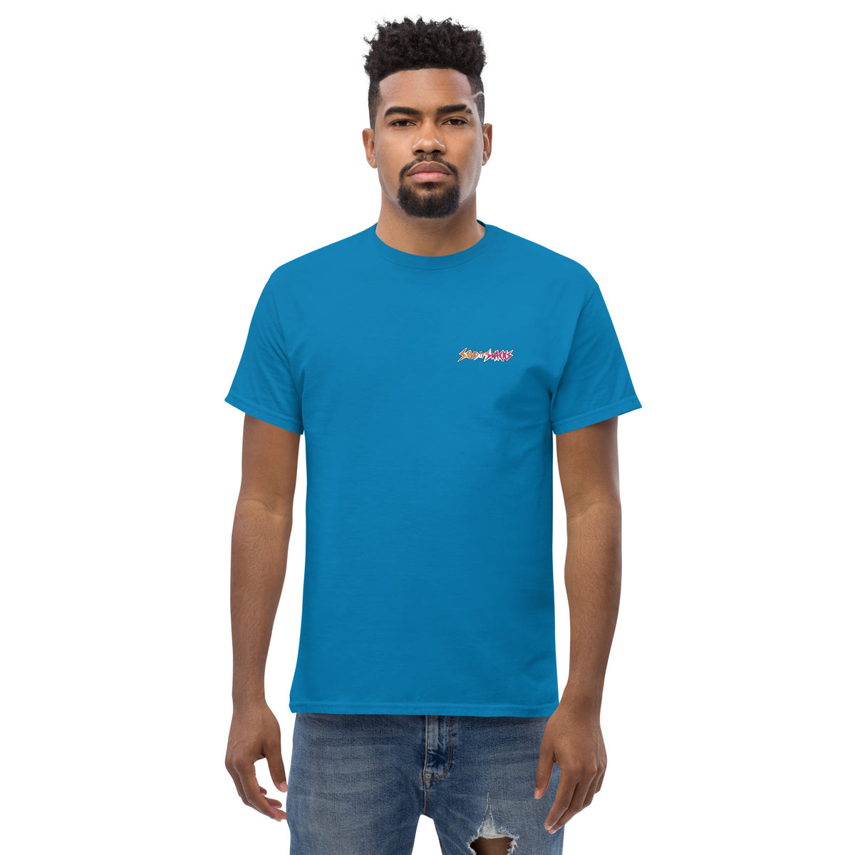 Send It Snacks logo unisex tee, sapphire, front view