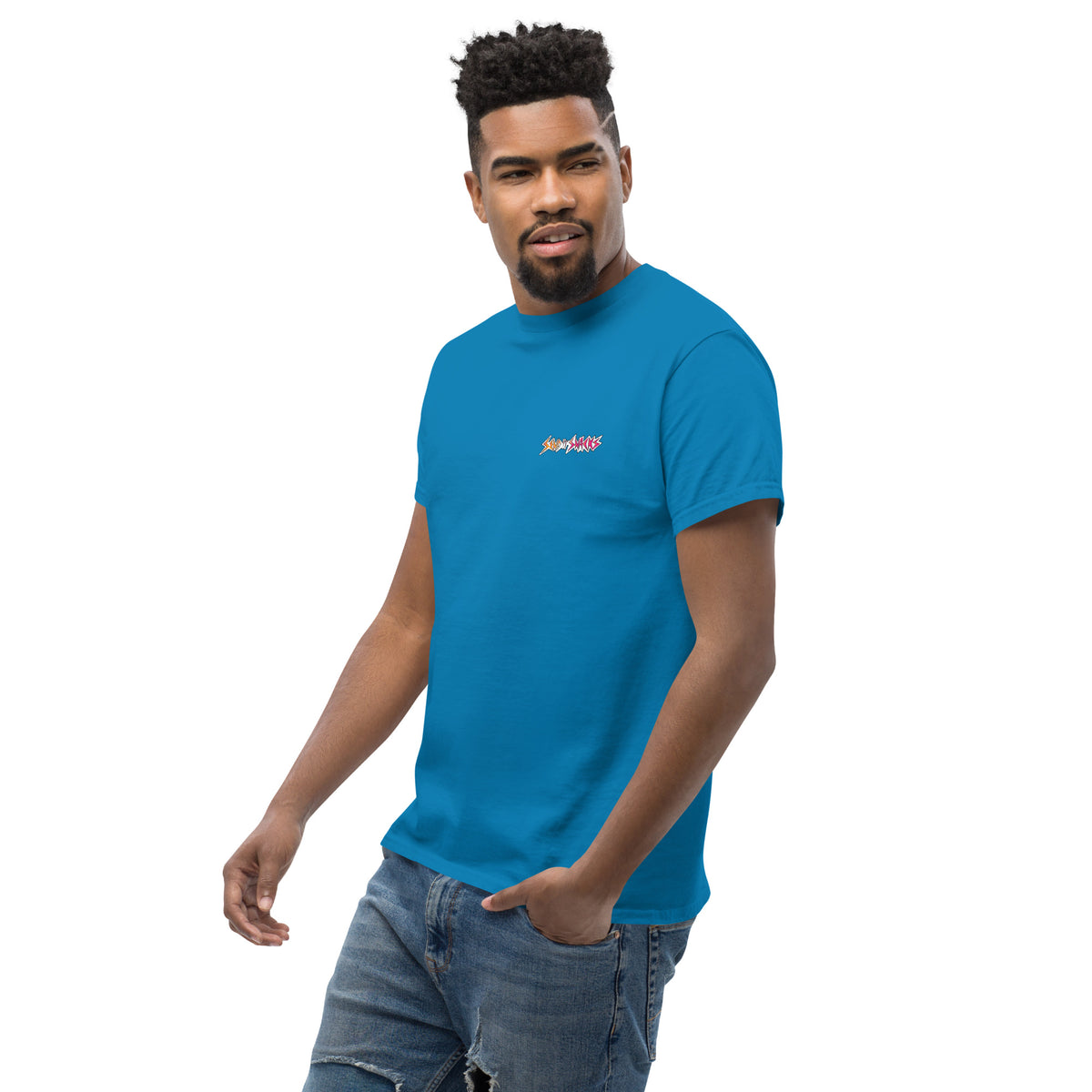 Send It Snacks logo unisex tee, sapphire, left front view