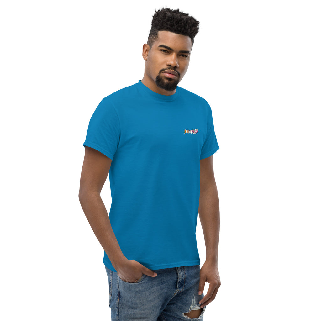 Send It Snacks logo unisex tee, sapphire, right front view